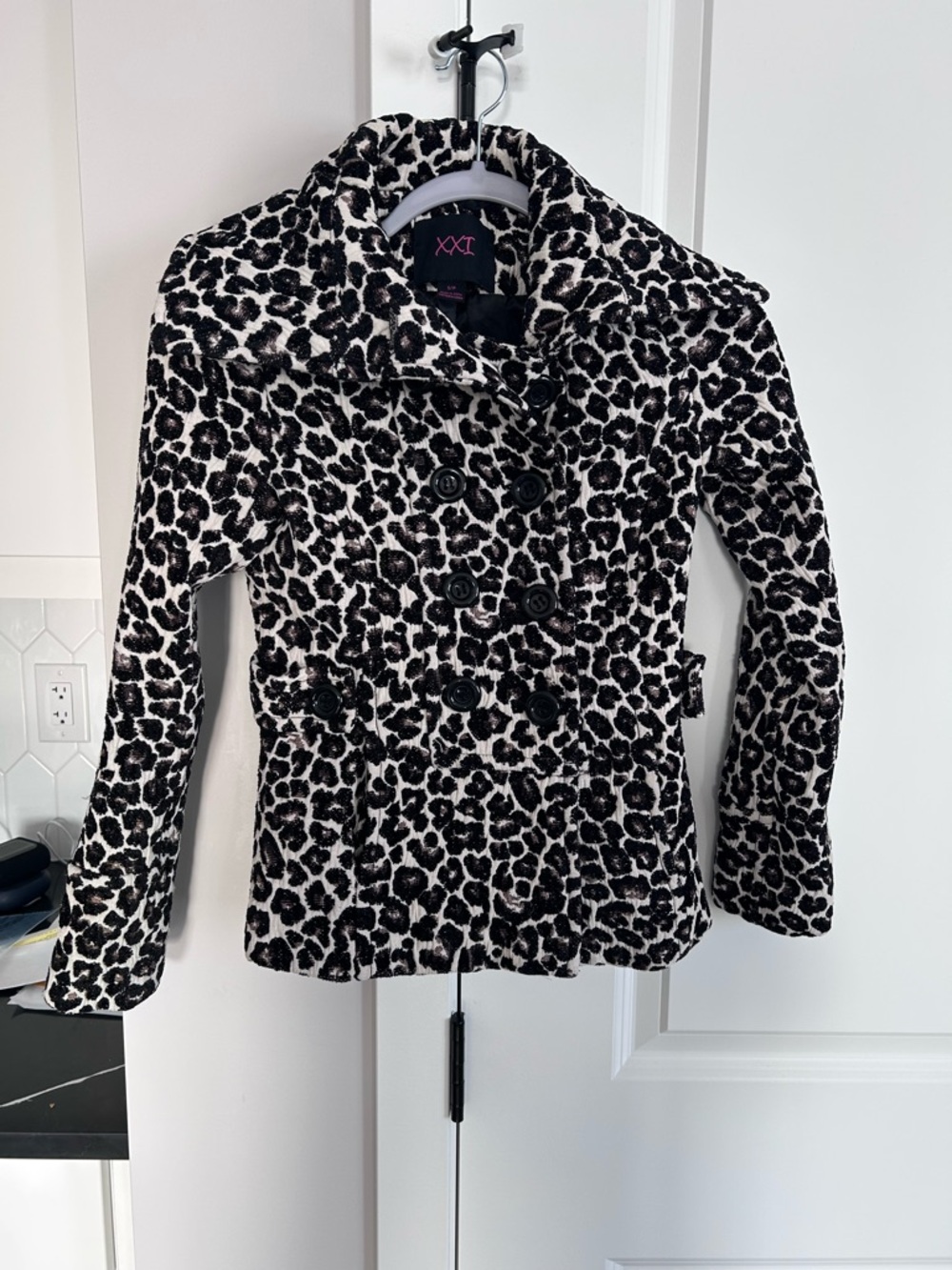 Forever 21 Black & White Leopard Print Peacoat Double-Breasted Statement Jacket